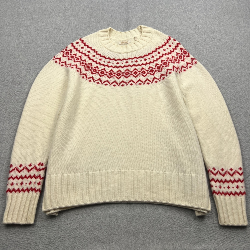 Barbour Driftwood Knit Sweater Womens US 10 UK 14 Cream Fair Isle‎ Wool Pullover